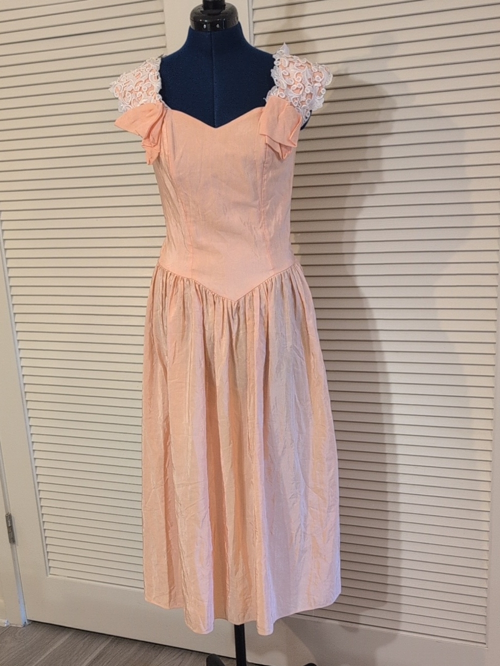 Alfred Angelo Peach Midi Dress with White Lace Cap Sleeves
